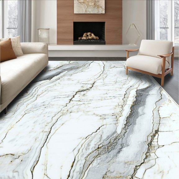 ODIKA 4'x6' Machine Washable Non-Slip Area Rug, Elegant Marble with Non Shedding Pile Backing High Traffic Rug, White, 84866