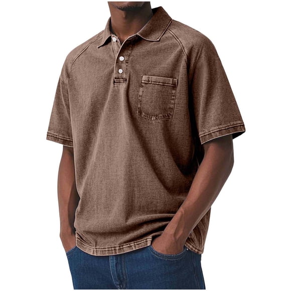 Brnmxoke Mens Summer Button Down Shirts Vintage Basic Casual Big & Tall Collared Pullover T-Shirt Retro Distressed Short Sleeve Tops with Pocket Brown,XXL