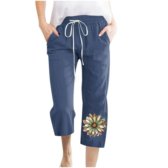 CYRBOKO Capri Pants for Women, Elastic Waist Drawstring Comfy Casual Capris with Pockets Navy Size 2XL
