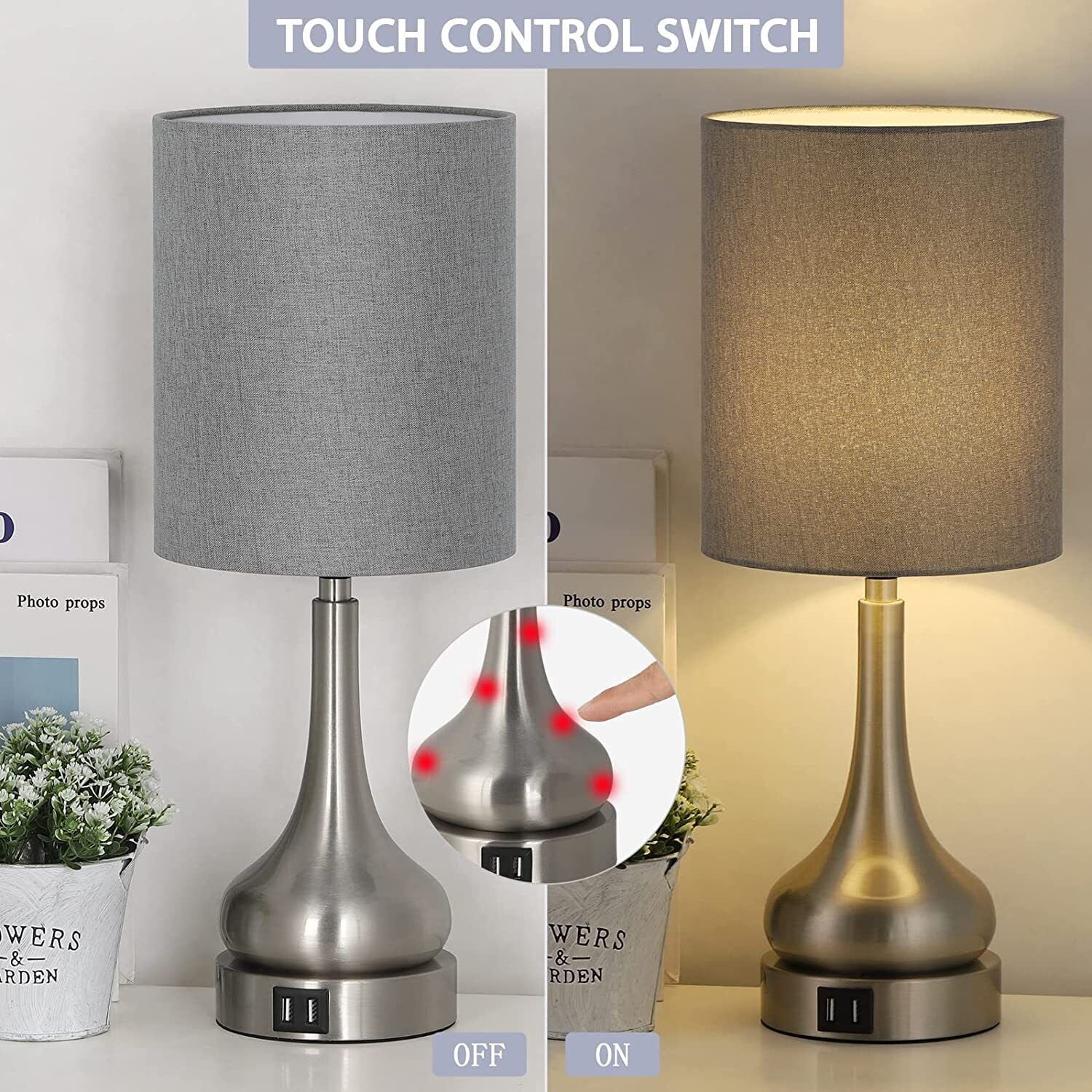 Bedroom Touch Bedside Lamps Set of 2 Table Lamp with Dual USB and AC Outlet Gary