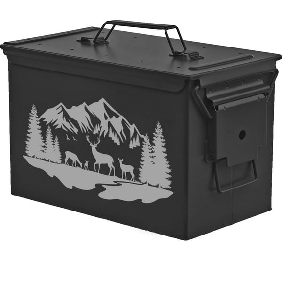 Steel Ammo Can Storage Box Ammunition Case Deer Mountain Forest River Scene (50cal, Black)