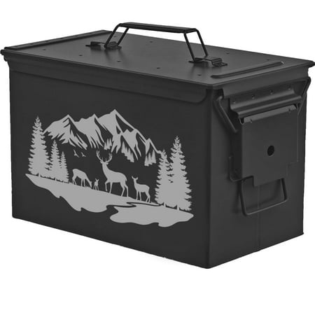 Steel Ammo Can Storage Box Ammunition Case Deer Mountain Forest River Scene (50cal Black)