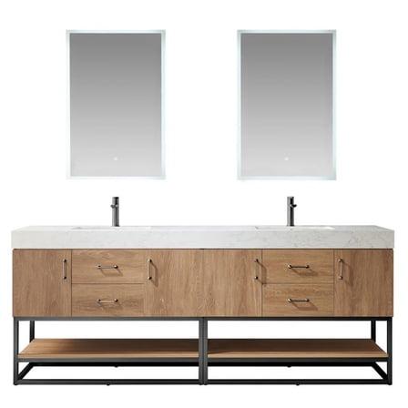 Pemberly Row 84" White Stone Top Oak Double Vanity Black Frame with Mirror
