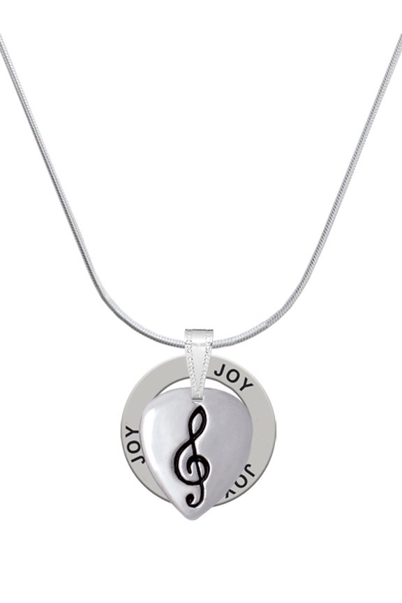 Silvertone Large Clef on Guitar Pick Joy Ring Charm Necklace, 18"