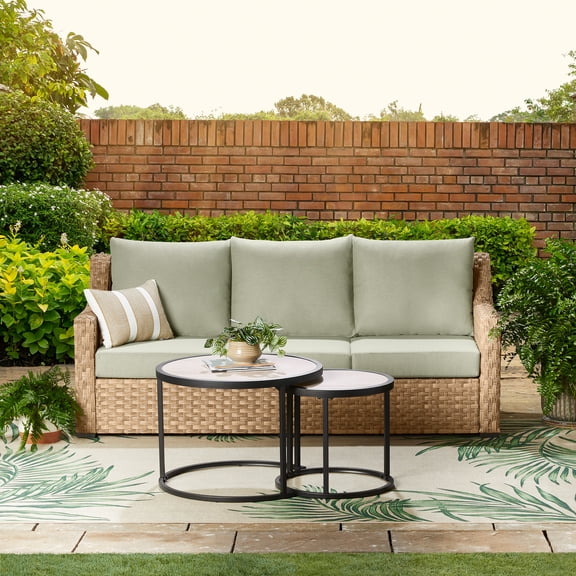 Better Homes & Gardens River Oaks Outdoor Sofa & 2 Nesting Tables with Patio Cover, Green