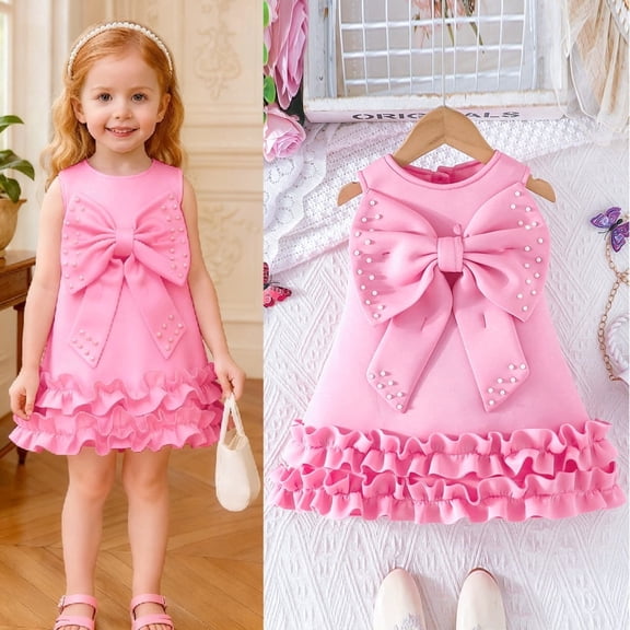 0-5Y Kids Baby Dresses Girls Clothes Sleeveless Front Big Bow Beading Pearl Lace Cake Dress For Girls Children Party Gowns