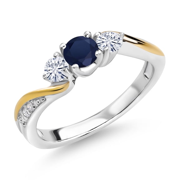 Gem Stone King 930 Silver and 10K Yellow Gold Blue Sapphire White Moissanite and Lab Grown Diamond 3 Stone Engagement Ring for Women | 0.58 Cttw | September Birthstone | Size 5, 6, 7, 8, 9 | Size 9
