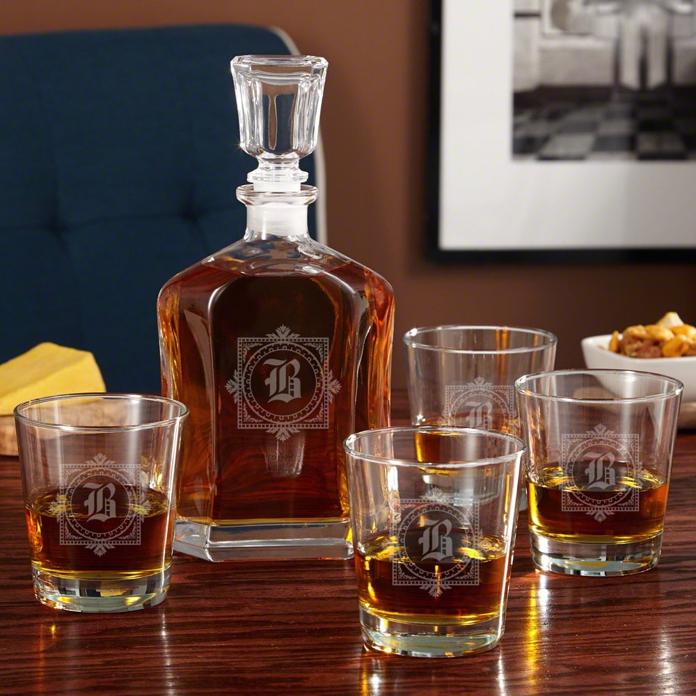 HomeWetBar Winchester Decanter Set with Custom Whiskey Glasses