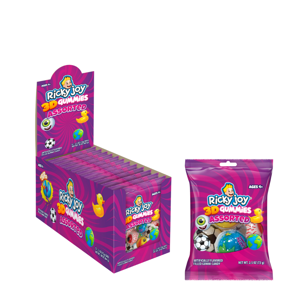 Ricky Joy® 3D™ Gummies - Pack of 12 Bags - 3D Gummies Assorted - Eyeballs gummies - Ducks gummies - Planet Gummies - 2.5 OZ each - Liquid Center Gummies Snack