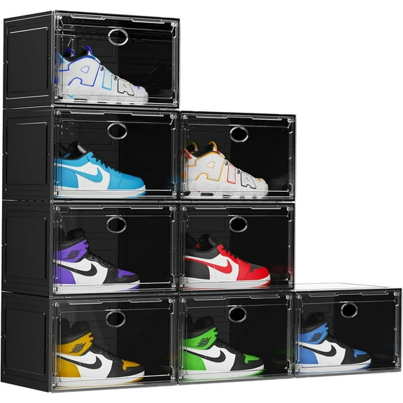 XL Shoe Storage Box Organizer, 8 Pack Shoe Boxes Clear Plastic Stackable, Sneaker Display Case Container Fit for US 13 (Side 8 PACK BLACK)