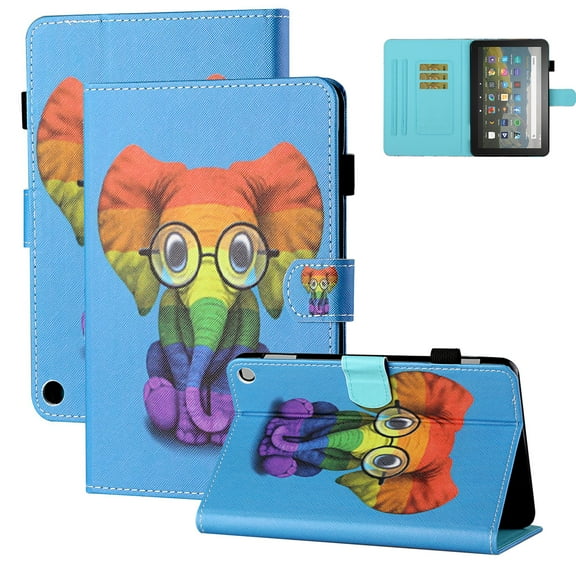 Allytech Fire HD 8 Case 2020, Fire HD 8 Plus Case, Slim Shell Smart Cover Auto Sleep Wake Flip Kickstand Shockproof TPU Back Cover Case for Amazon Kindle Fire HD 8 10th Generation, Colorful Elephant