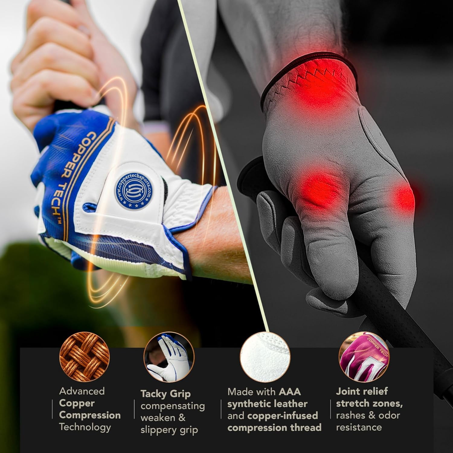Copper Tech Golf Gloves Men (2 Pack)| Copper Compression Joint Support | Flexible & Comfortable Fit with AAA Leather (White/Royal Blue, X-Large, Left)