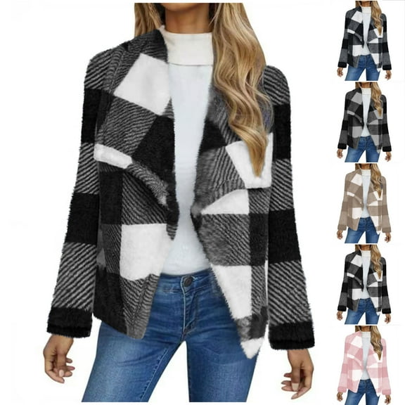 Plaid Jackets for Womens Winter Fashion Plus Size Double-sided Fleece Plaid Long Sleeved Jacket Cardigan Overcoat Top