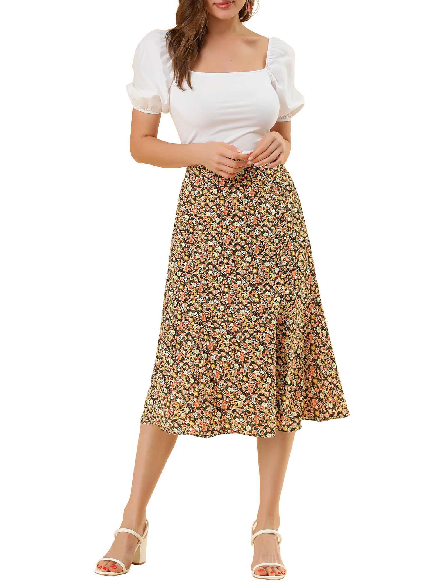 DARING DIVA Women's Elastic Waist A-Line Floral Print Midi Skirt M Brown Orange