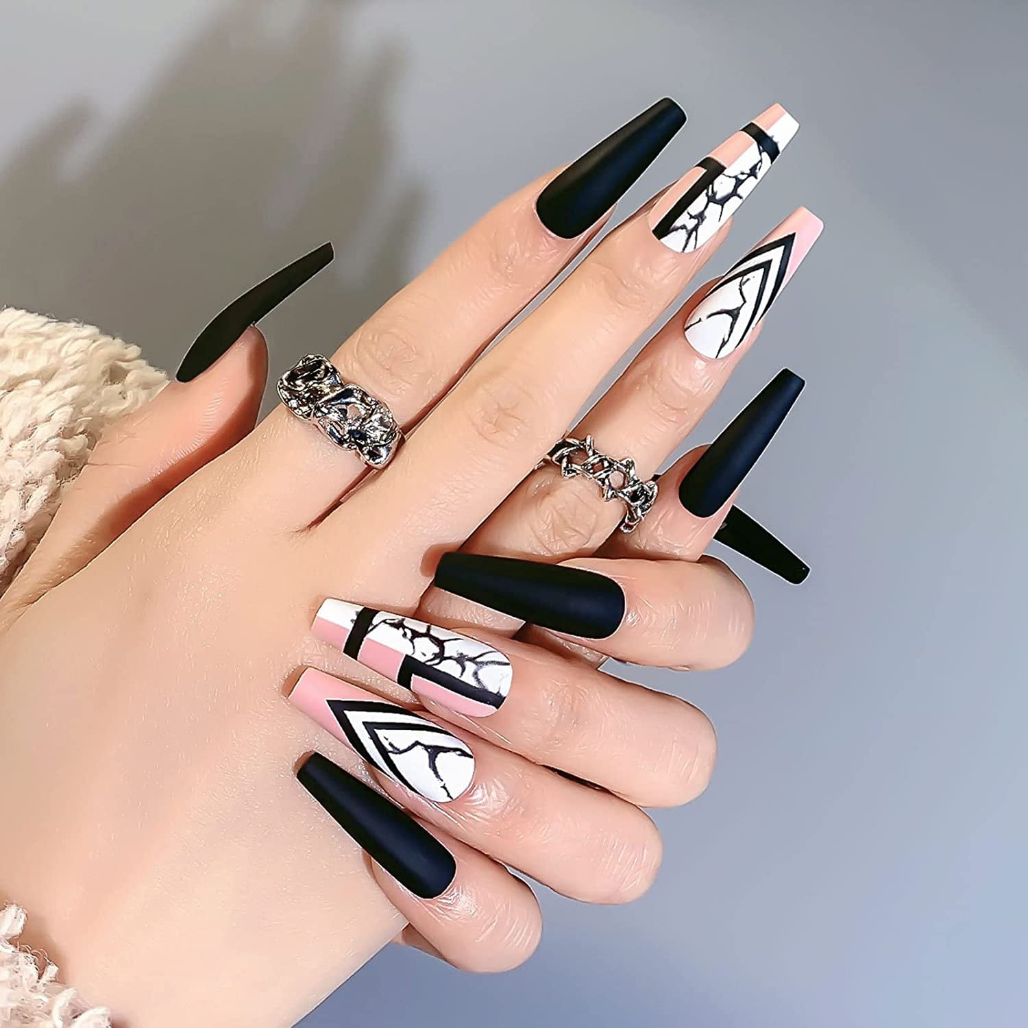 Matte Press On Nails Black Long Acrylic Press-On Manicure with Designs  Coffin Gel Stick on Nails for Women No Glue Needed,Includes 24 PCS Fake  Nails, Stickers, Nail File(Black Pink) 