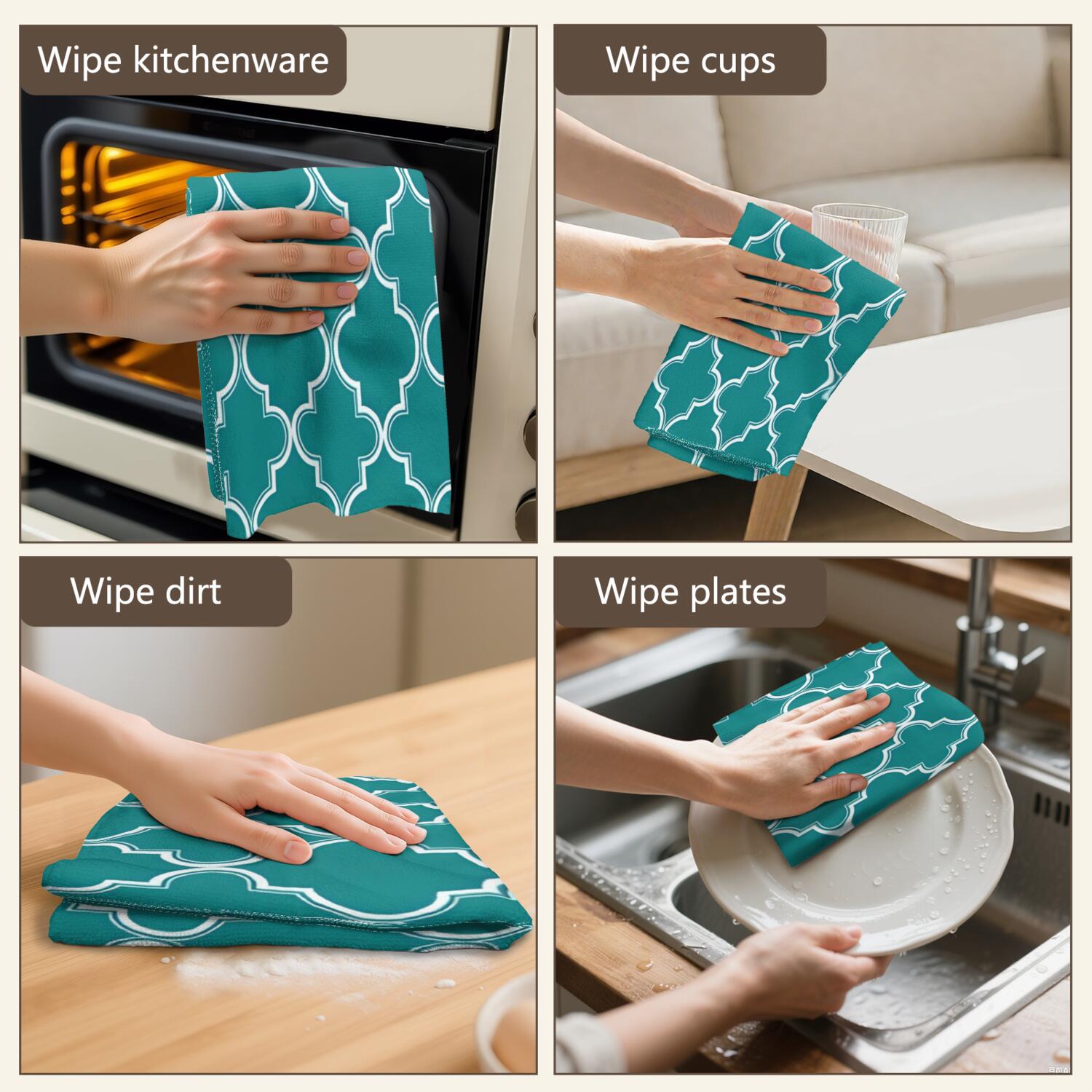 2 Pcs Funny Kitchen Towels,Teal Geometric Quatrefoil Pattern Microfiber Dish Towels,Kitchen Tea Towels,Kitchen Towel Set (18" X 26")