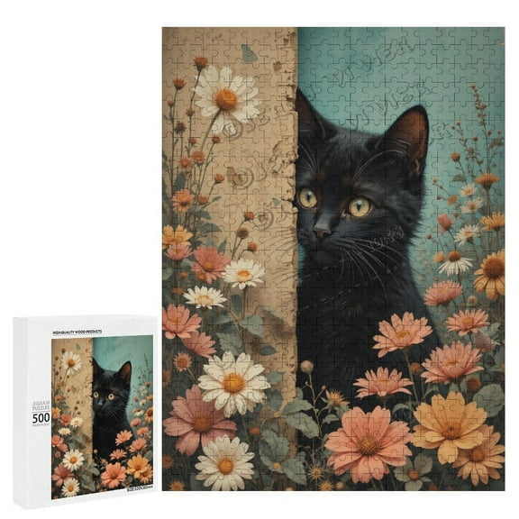 500 Piece Jigsaw Puzzle 15" x 21" Finished Size Floral Black Cat Jigsaw Puzzles for Adults Educational Games Colorful Puzzles for Home Decoration