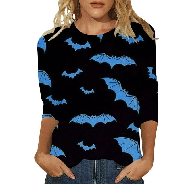 NMMUED T-Shirts d'Halloween T-Shirts Graphiques d'Automne pour Femmes T-Shirt Fantôme Manches 3/4 T-Shirts pour Femmes Col Rond T-Shirts pour Femmes T-Shirt Effrayant Vêtements d'Halloween pour Femmes Bleu 3TG