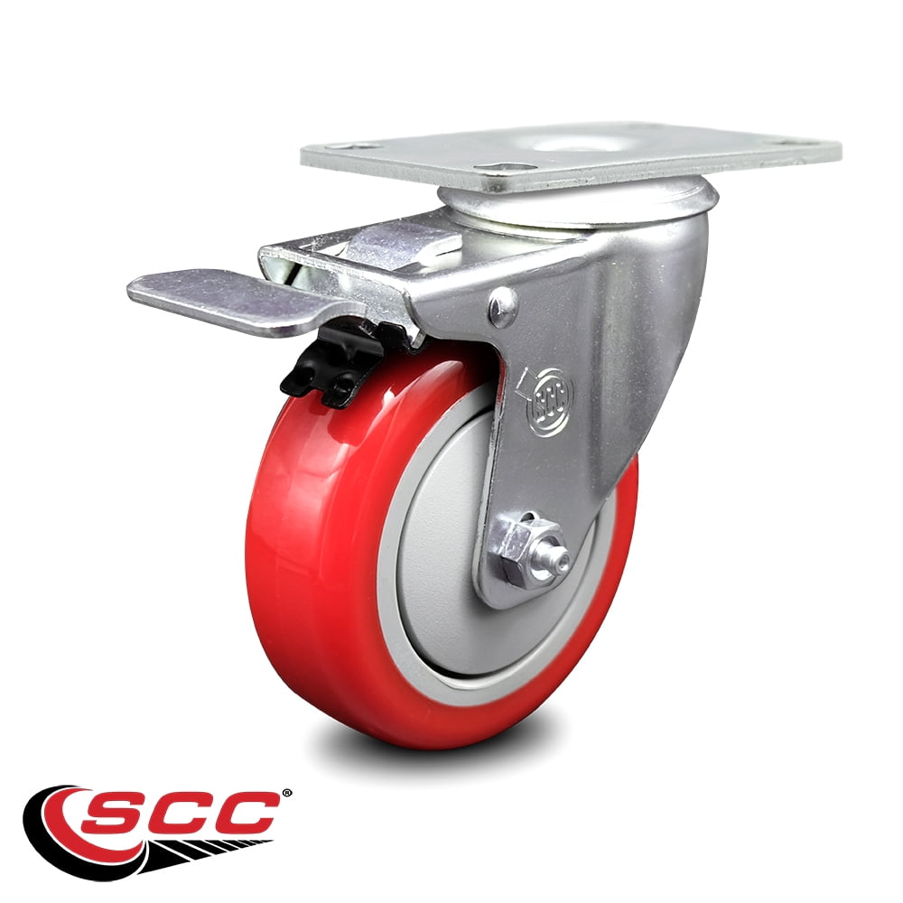 4 Inch Red Polyurethane Wheel Swivel Top Plate Caster with Total Lock Brake