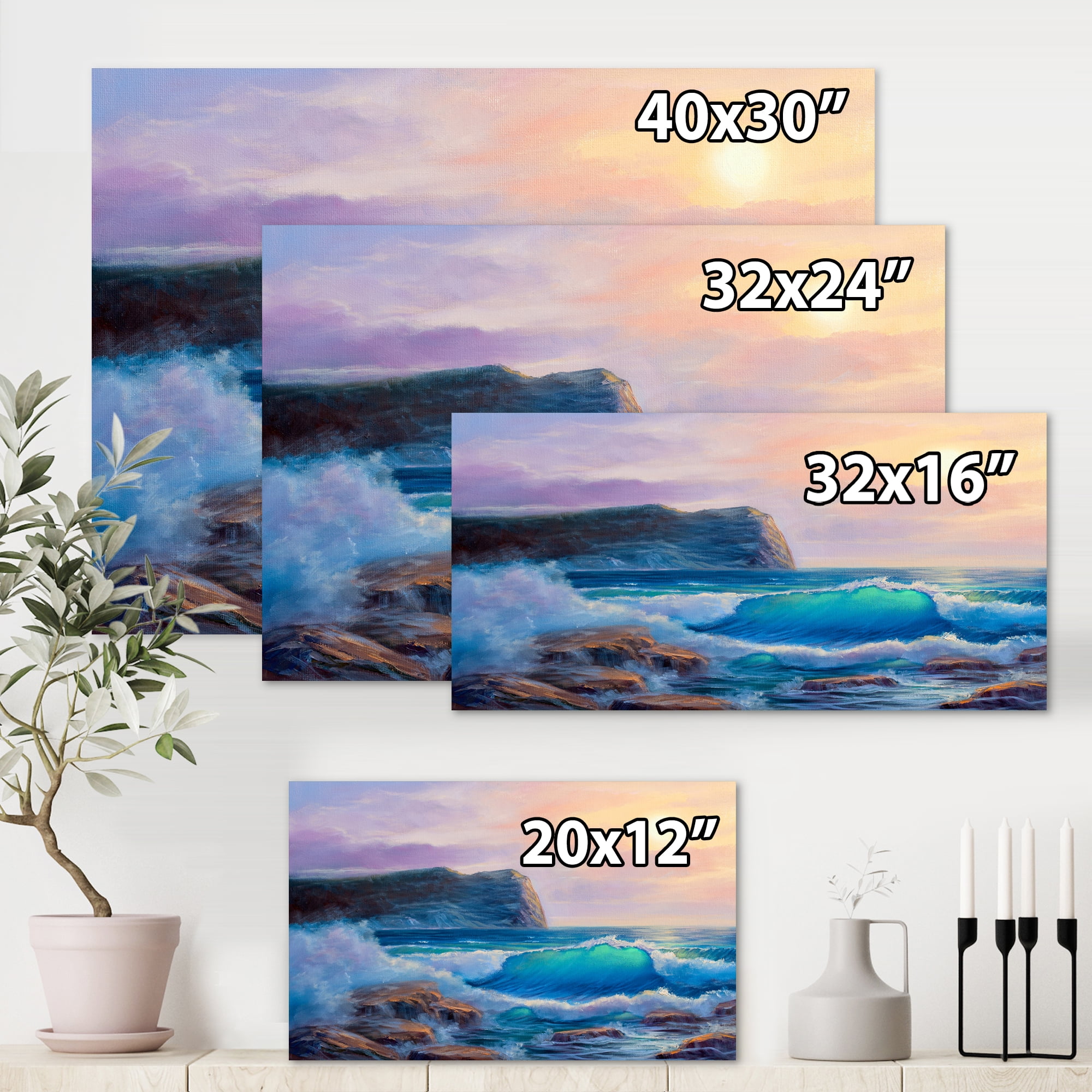 Designart ' Blue Waves Breaking At The Beach Landscape III ' Nautical & Coastal Canvas Wall Art Print