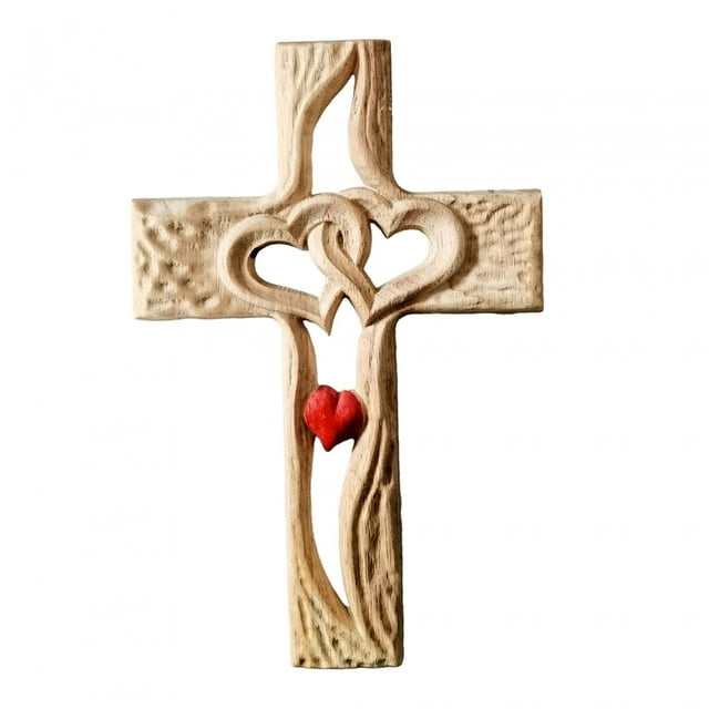 Cruz de madera tallada espiritualidad con corazones huecos entrelazados cruz de amor de madera decorativa para cumpleaños día de la madre pareja , Estándar de madera