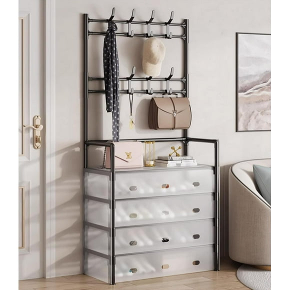 AIR-5-Tier Entryway Shoe Storage and Coat Rack, 3-in-1 Hall Tree with Shoe Storage Rack (Black)
