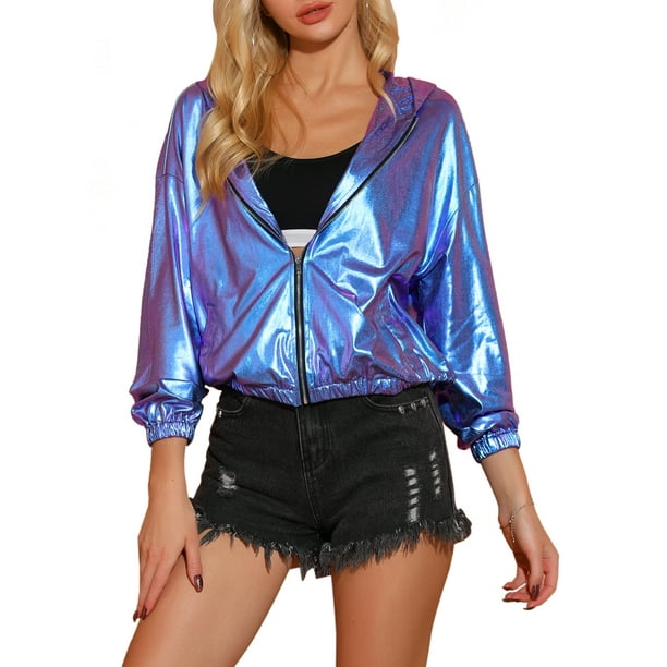 Chaqueta Brillante de Mujer INSPIRE CHIC de Manga Larga Ligera con Capucha y Cremallera Metálica M Azul Púrpura