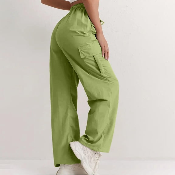 Women High Waisted Cargo Pants Wide Leg Casual Pants 6 Pockets Military Trousers Army Green S