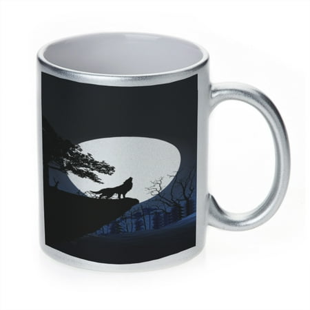

KuzmarK Silver Sparkle Coffee Cup Mug 11 Ounce - Wolf Full Moon Mountain