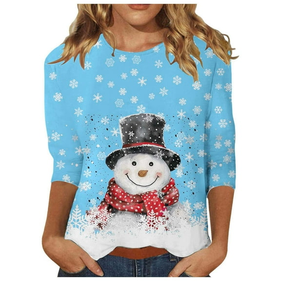Fiaer Christmas T Shirts for Women Oversized 3/4 Sleeve Crew Neck Snowman Snowflakes Graphic Holiday Graphic Tee Fall Loose Fit Casual Trendy Tops Sky Blue XL