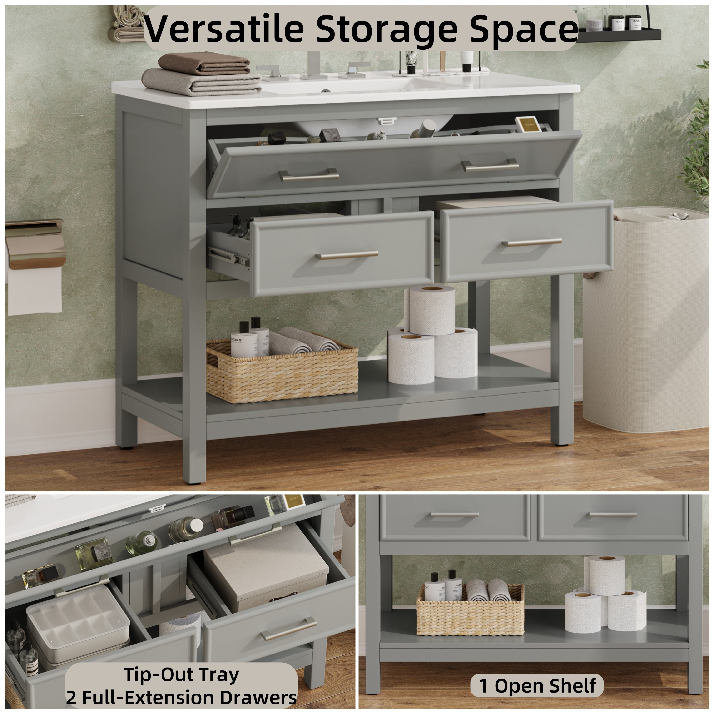 Euroco 36" Bathroom Vanity with Ceramic Sink, Bathroom Vanity with Tip-Out Tray and 2 Full-Extension Drawers, Silver Pulls and Soft Close Drawer Slides Design, 1 Open Shelf at the Bottom, Gray
