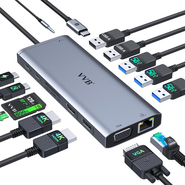 Estación de acoplamiento VVB 14 en 1 USB-C con doble HDMI para Dell HP Lenovo