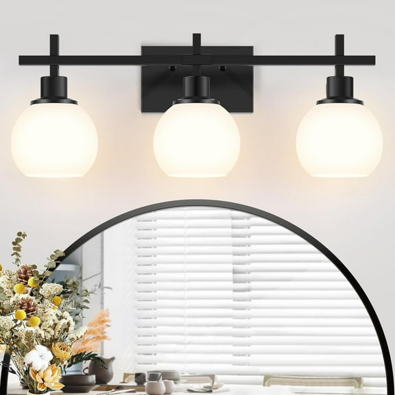 3 Light Bathroom Light Fixtures over Mirror with Milky White Glass Lampshade