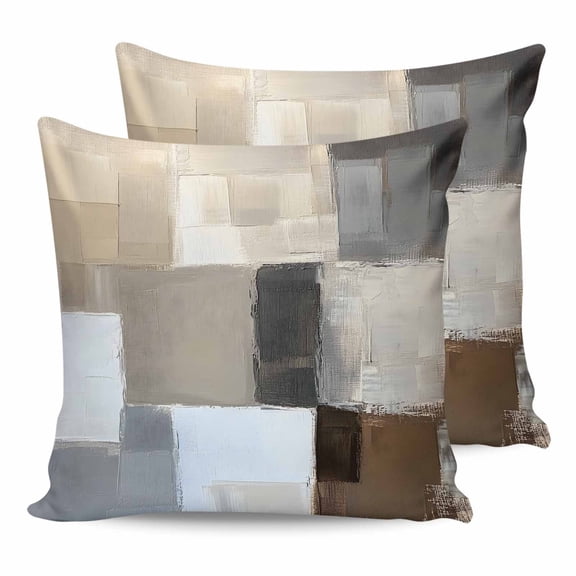 14x14 Pillow Covers Set of 2, Modern Brown Beige Throw Pillow Covers Decorative Couch Cushion Case, Grey White Color Blocks Microfiber Square Pillowcases for Bedroom Car Living Room