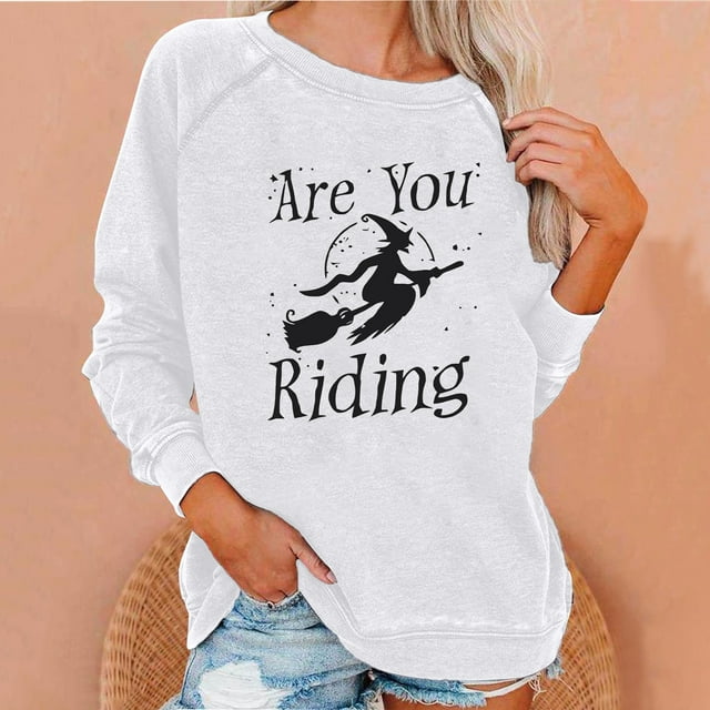 T-shirts Surdimensionnés pour Femmes 2023 Manches Longues Décontractées Col Rond Hauts Blouse Ample Imprimé Halloween Chandail en Molleton Graphique Costumes d'Halloween pour Femmes en Liquidation