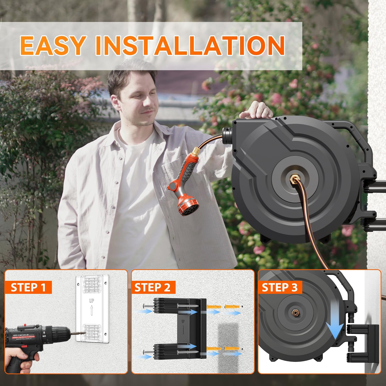 NEOTEC Retractable Garden Hose Reel 1/2 inch x 130ft - Wall Mounted Heavy Duty Hose Reel with 3/4 Inch Brass Fittings & 9-Pattern Nozzle - Auto Rewind System, Any Length Lock, 180° Swivel Bracket