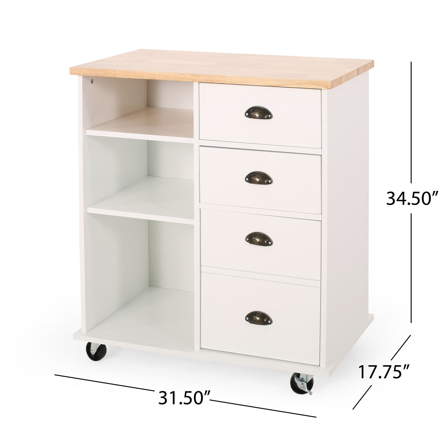 Kadyn Contemporary Kitchen Cart, Solid Wood Kitchen Storage Carts with Drawers, Kitchen Island Cart with Wheels, White and Natural Kadyn Contemporary Kitchen Cart, Solid Wood Kitchen Storage Carts with Drawers, Kitchen Island Cart with Wheels, White and Natural