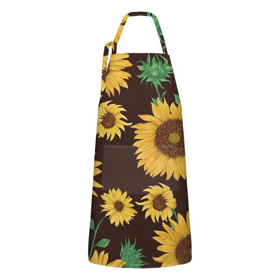 Brown Green Bud Sunflower Pattern Apron-Garden Aprons for Women with Pockets-Cotton Linen Waterproof Kitchen Cooking Gardening Aprons Adjustable for Kitchen,Cooking,BBQ and Salon 33x27 Inch