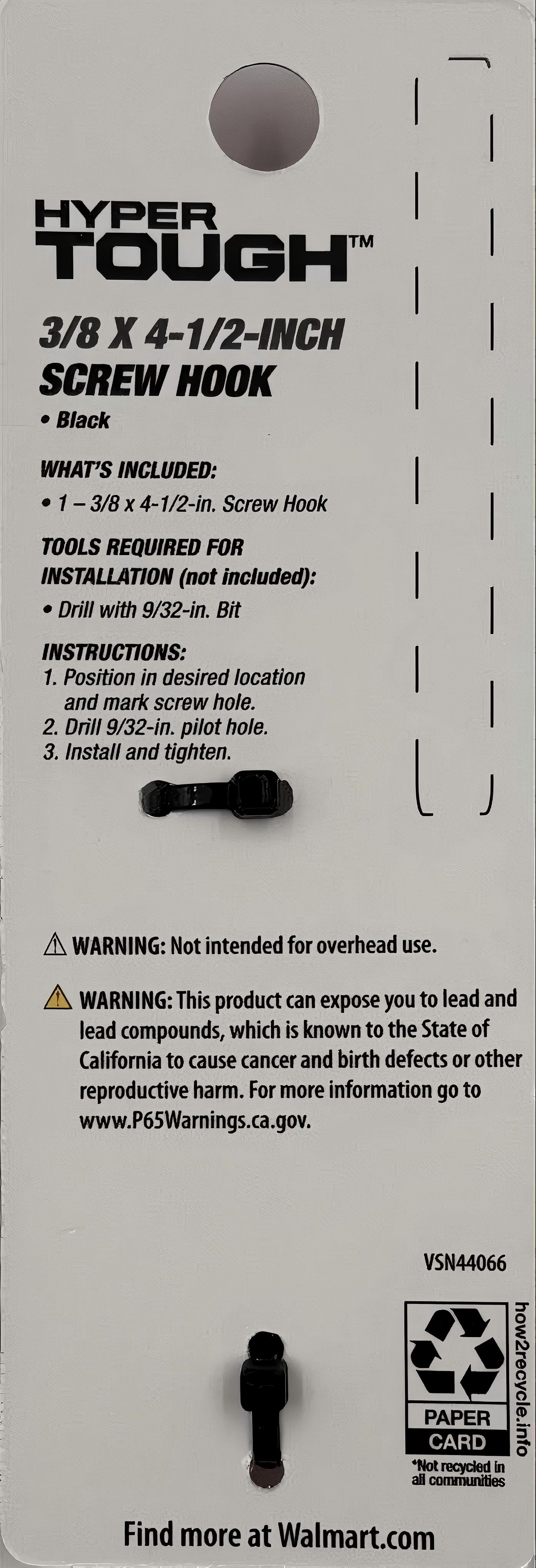 Hyper Tough Screw Hook, 3/8 inch x 4-1/2 inch, Black