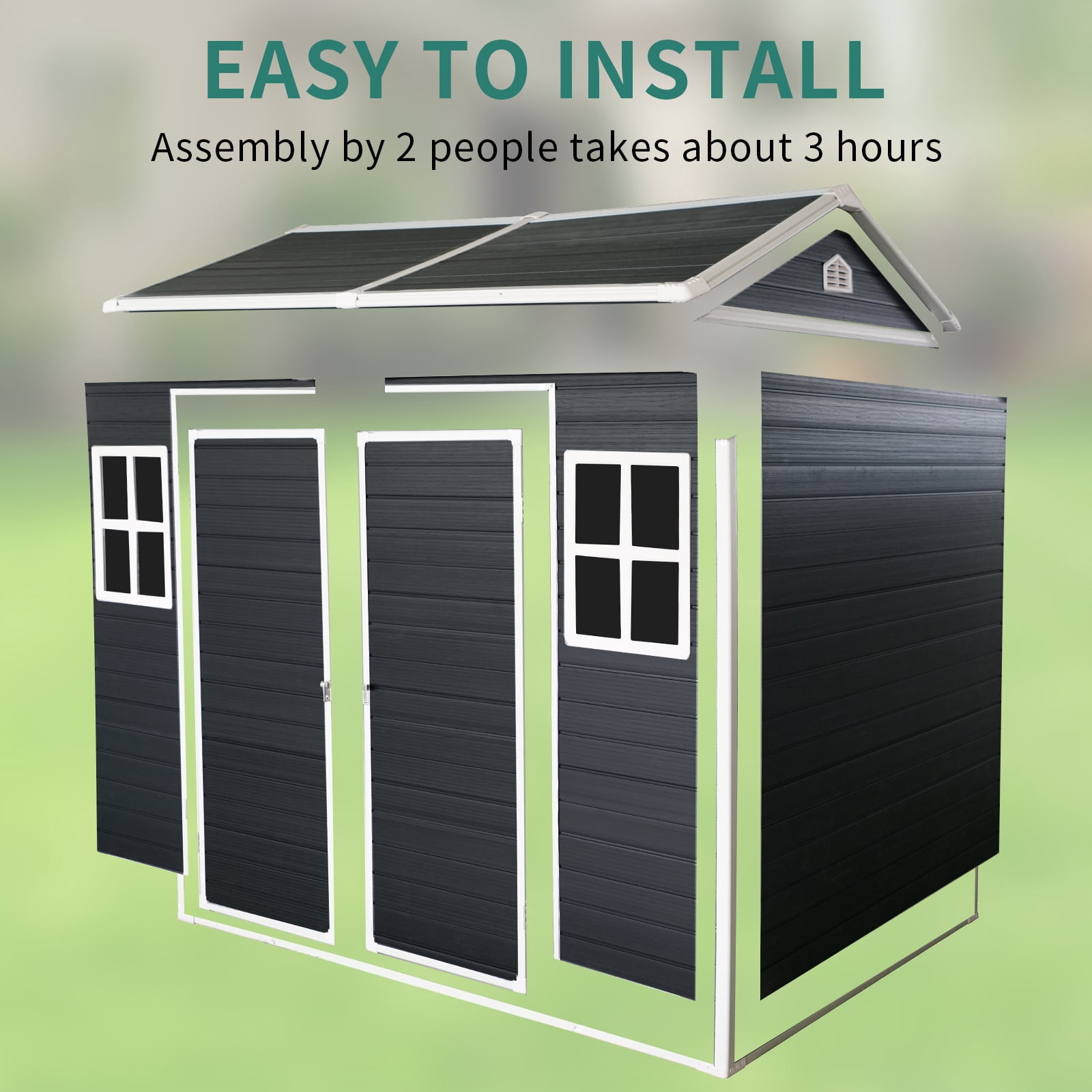 8x4 ft Outdoor Resin Storage Shed with Floor, Waterproof Plastic Patio Outdoor Storage Shed with Lockable Door for Garden Tools, Bicycles, Trash Cans, Backyard, Patio, Lawn (Black)