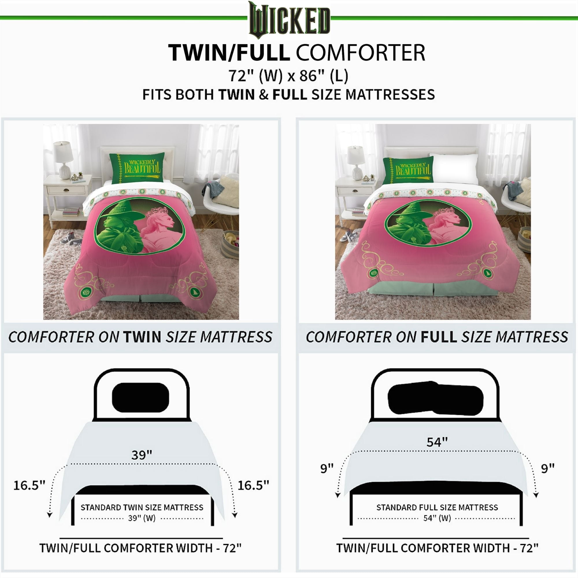 Wicked Kids 2 Piece Pink Green White Reversible Comforter and Pillowcase set, Twin/full