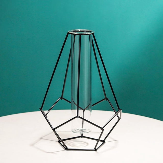 Metal Vase Tube Glass Planter Terrarium Geometric Metal Stand, Table Top 2 Black