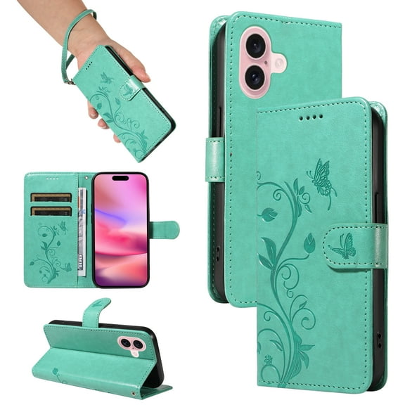 Wallet Case for Apple iPhone 17e 16e 6.1", Butterfly Floral Embossed Premium PU Leather Shockproof Flip Stand Cards Slots Hand Wrist Phone Case for Apple iPhone 17e 16e, Green