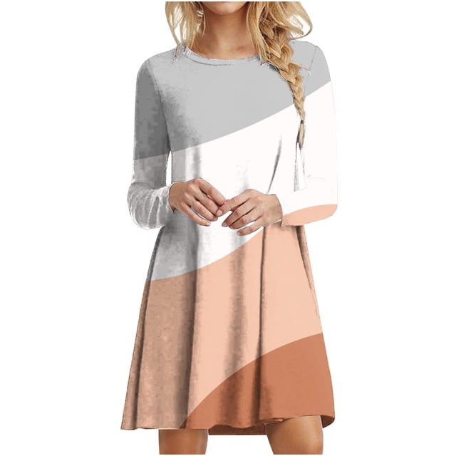 Robes d'Automne pour Femmes Col Rond Bloc de Couleur Robe à Manches Longues Décontractée Ample Tunique Évasée Mini Robes