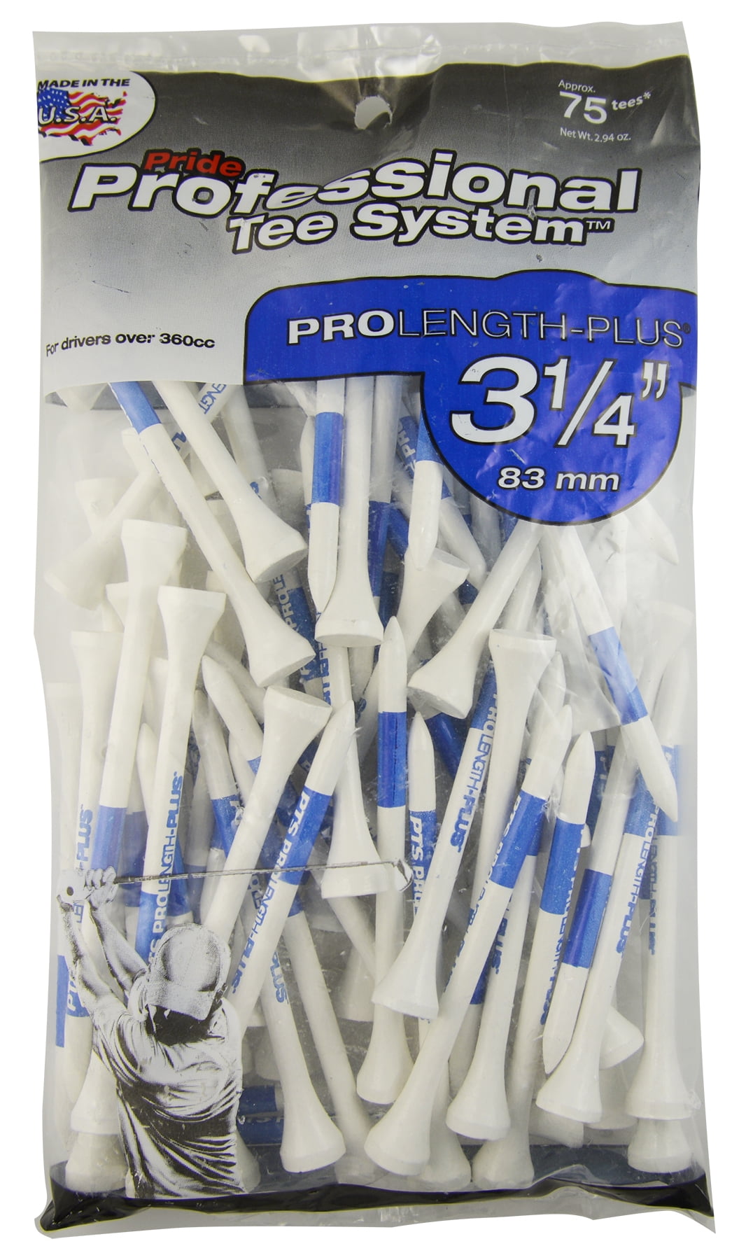 Pride Professional Tee System, 3-1/4" Blue on White ProLength Plus Tee, 75 Count