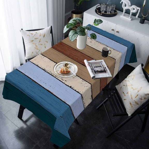 Blue Brown Tablecloth Rectangle Table Cloths 54x108 , Waterproof Tablecloth Outdoor Table Cloth, Farmhouse Wood Grain Vintage Vertical Striped Washable Table Cover for Kitchen Dining Party