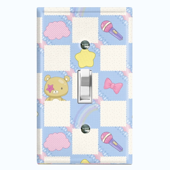 Metal Light Switch Wall Plate Outlet Cover (Blue White Toy Chest Crate Box Star Check Pattern - Single Toggle)