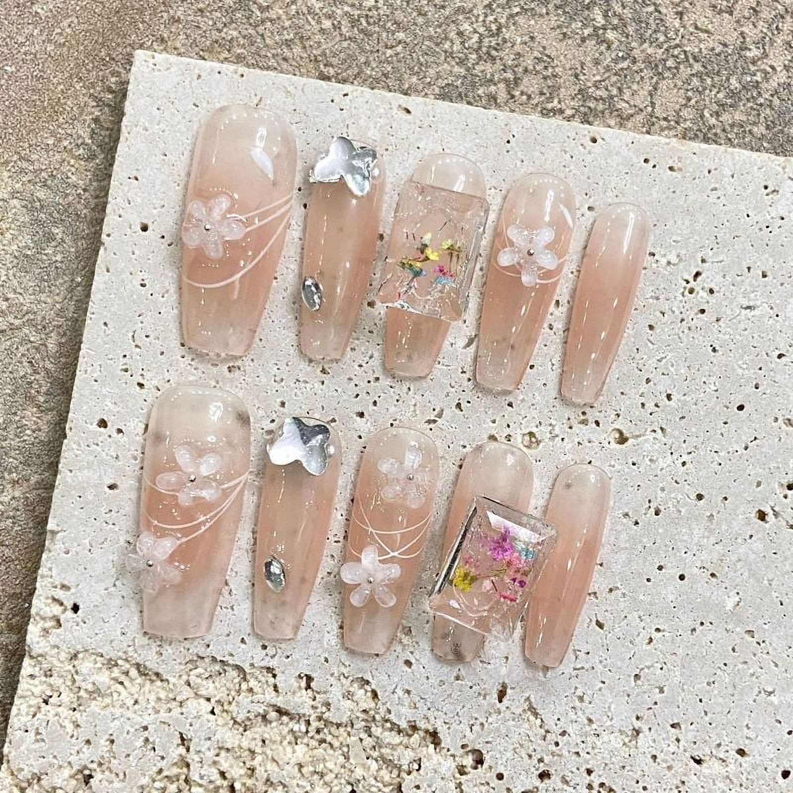 10pcs Gentle Light Pink Handmade False Nails 3D Sweet Peach Flower Crystal Decor Press ON Nails Spring Summer Reusable Fake Nail