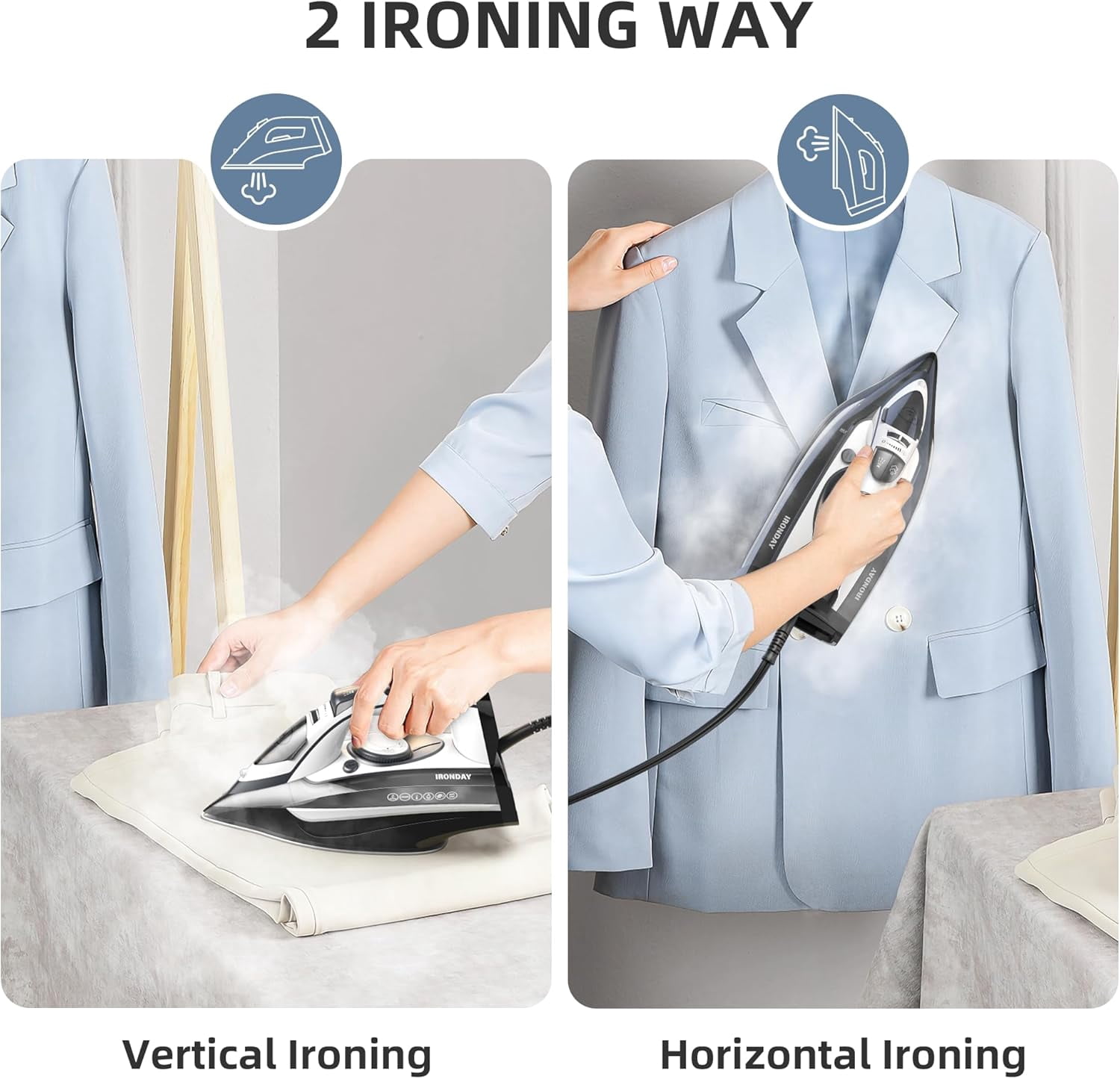 Steam Iron for Clothes Rapid Heating, 1700W Iron with Non-Stick Ceramic Soleplate, 3-Way Auto-Off, Burst of Steam, Self-Cleaning, 14.07oz Water Tank Ironing Clothes for Home, Grey