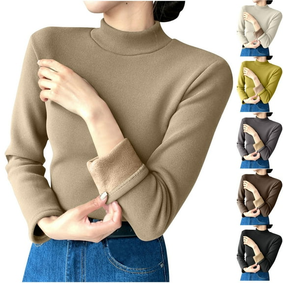 Aboser Womens Fleece Lined Shirts Thermal Casual Mock Neck Pullover Tops Comfy Long Sleeve Shirt Solid Color Casual Blouse Slim Fit Basic Undershirt